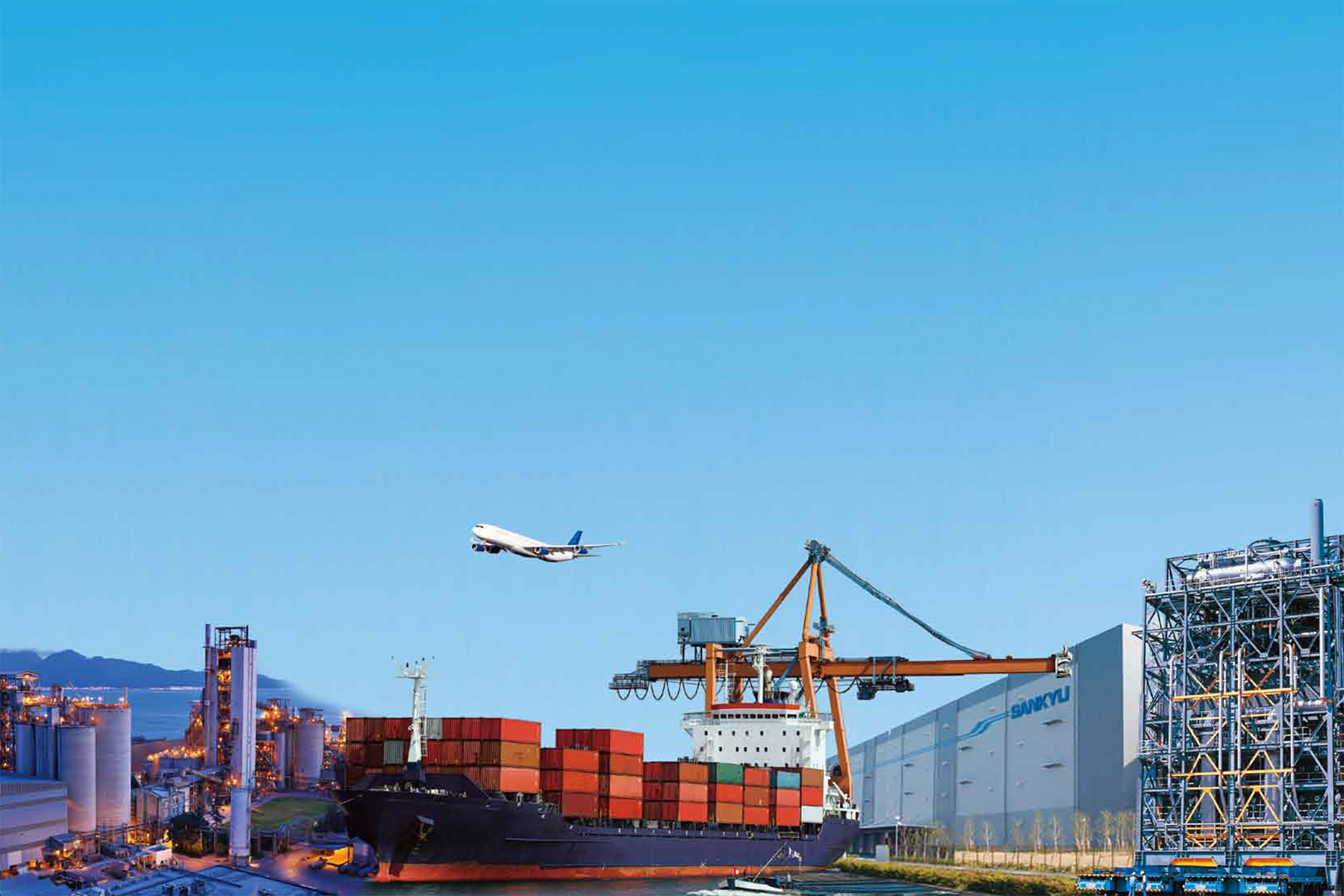Airplane flying over cargo ship
